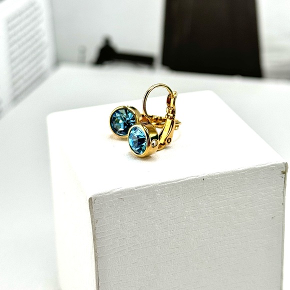 Aquamarine And Clear Crystal Hook Gold Earrings - Picture 5 of 6